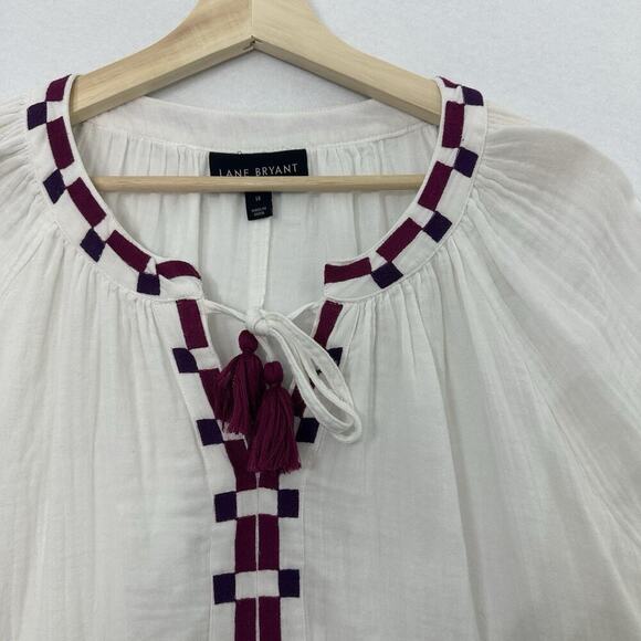 Lane Bryant Top Womens 18 White Gauzy Embroidered Tasseled Cottagecore Boho - Picture 2 of 14
